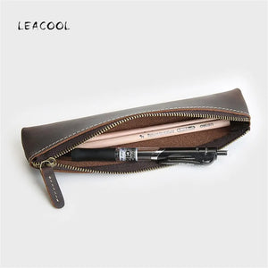 Vintage Leather Pen Bag Long Zipper Pencil Case Holder Kids Stationery