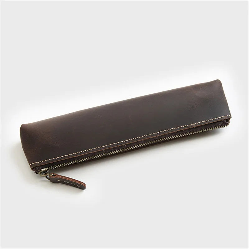 Vintage Leather Pen Bag Long Zipper Pencil Case Holder Kids Stationery