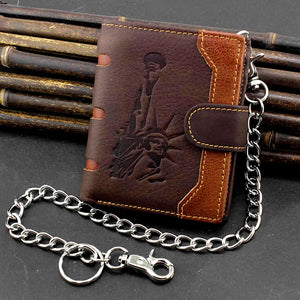 Vintage Leather Wallet Men Purse Short Clutch Bag Male Money Clips Chain