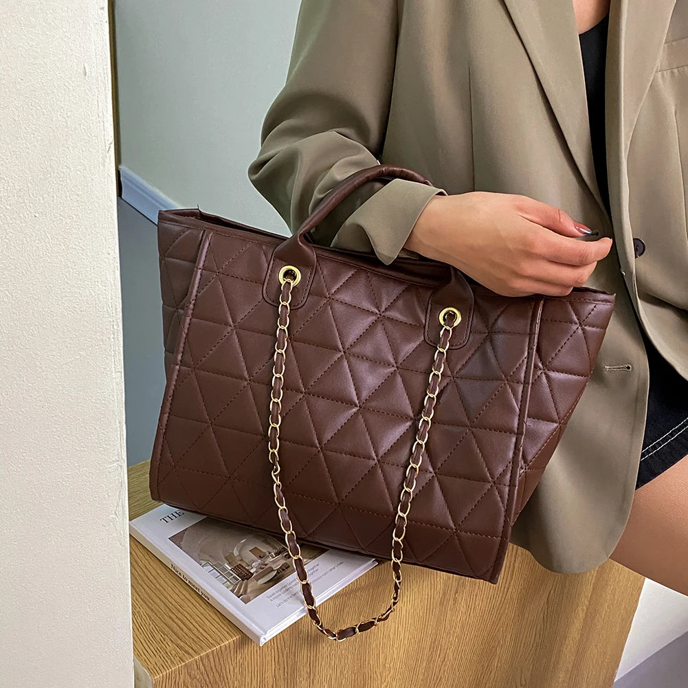 Vintage Geometric PU Leather Chain Shoulder Bag Women Casual Top-Handle Bag
