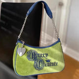 Vintage Green Velvet Shoulder Bag Women'S Alphabet Embroidery Handbag