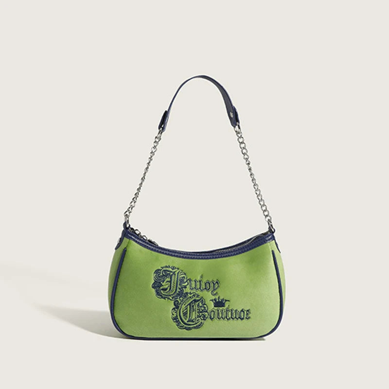 Vintage Green Velvet Shoulder Bag Women'S Alphabet Embroidery Handbag