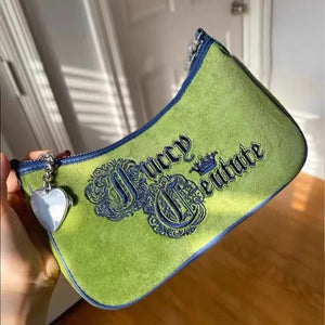 Vintage Green Velvet Shoulder Bag Women'S Alphabet Embroidery Handbag