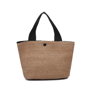 Vintage Hand-woven Women's Straw Handbag PU Stitching Beach Bag
