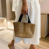 Vintage Hand-woven Women's Straw Handbag PU Stitching Beach Bag