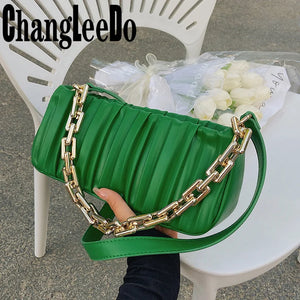 Vintage Thick Chain Shoulder Bag Fold Leather Clutch Purse