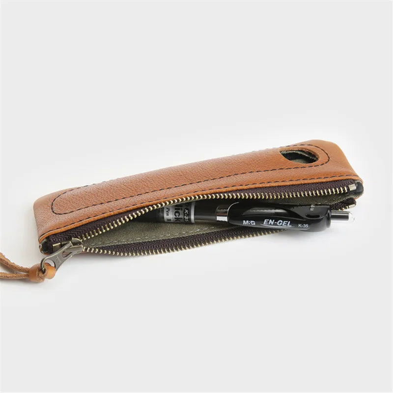 Vintage Leather Pen Bag Cowhide Pencil Case Holder for Notebook