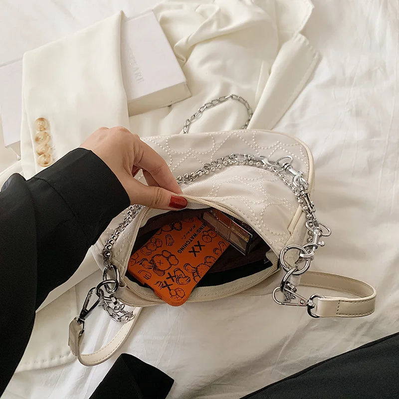Vintage Heart Embroidered Shoulder Bag Chain Y2k Woman