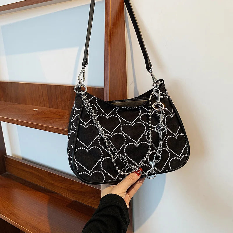 Vintage Heart Embroidered Shoulder Bag Chain Y2k Woman