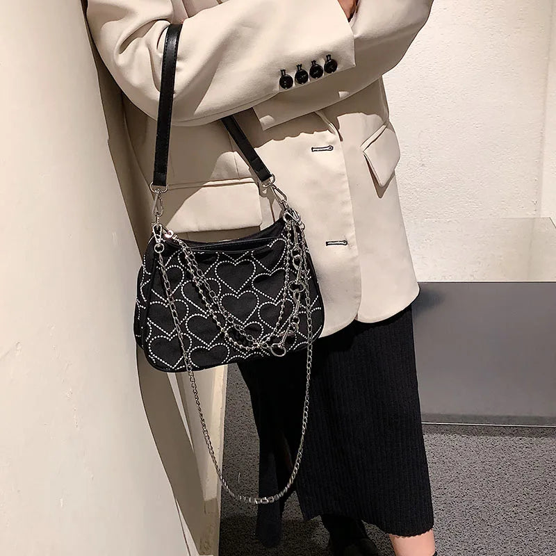 Vintage Heart Embroidered Shoulder Bag Chain Y2k Woman