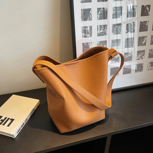 Vintage High Capacity Tote Bucket Bag PU Leather Shoulder Bag for Women Handbags