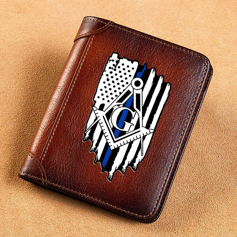 Vintage American Flag Masonic Leather Wallet Short Purse