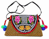 Vintage Hmong Tribal Embroidered Shoulder Bag with Pom Charm