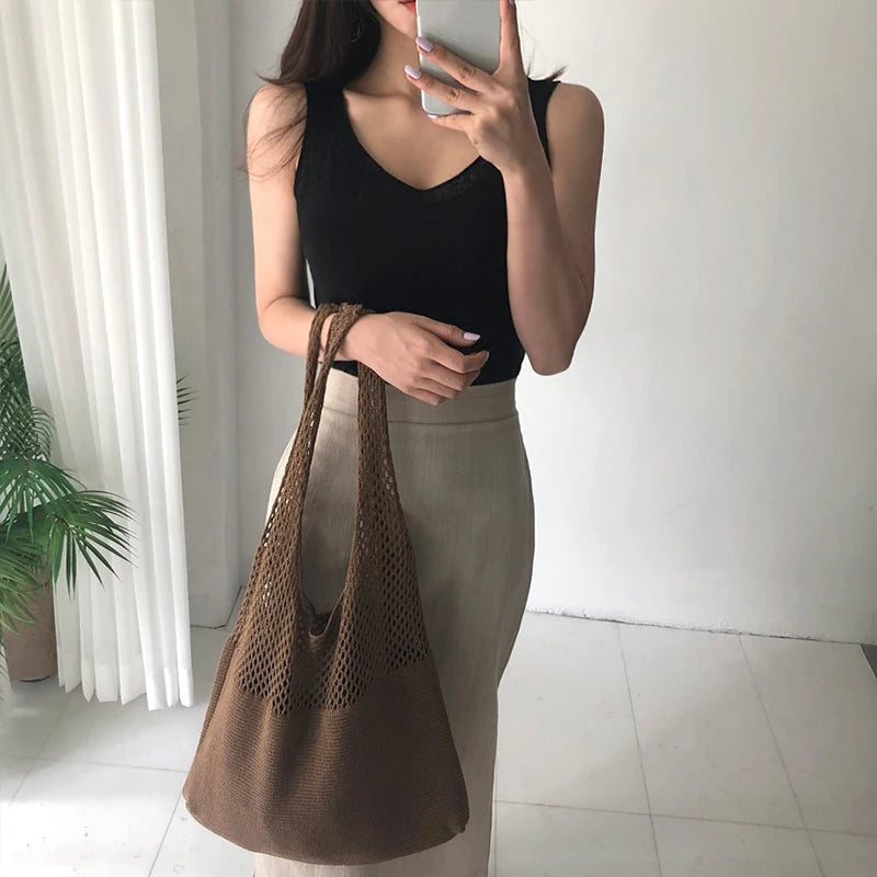 Vintage Woven Shoulder Bag Knitting Handbags Large Tote for Ladies