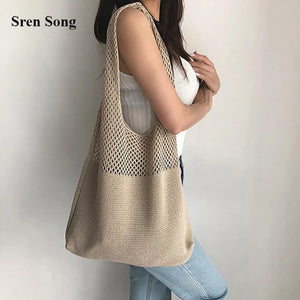 Vintage Woven Shoulder Bag Knitting Handbags Large Tote for Ladies