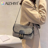 Vintage Houndstooth Print Shoulder Bag Women Woolen Cloth Crossbody Bags