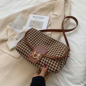 Vintage Houndstooth Print Women Shoulder Bag Woolen Cloth Crossbody Bags