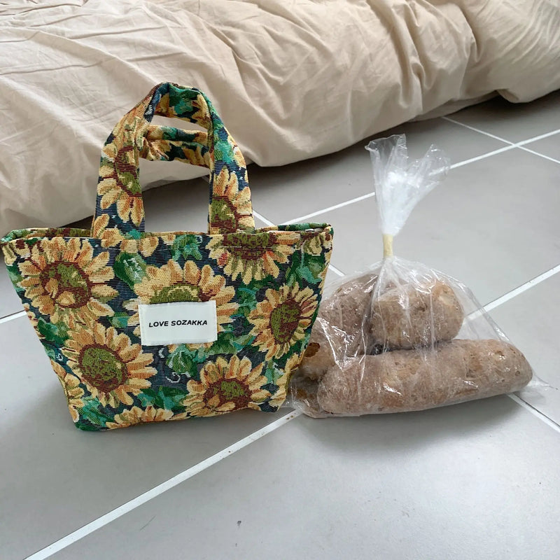 Vintage Jacquard Small Tote Bag Flower Heart Female Purse Handbag