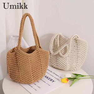 Vintage Knitting Handbags Beach Bag Soft Portable for Seaside Vacation