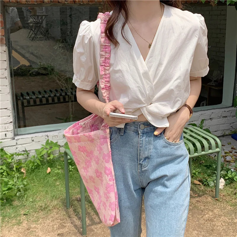 Vintage Pink Jacquard Shoulder Bag Lady Messenger Phone Bag