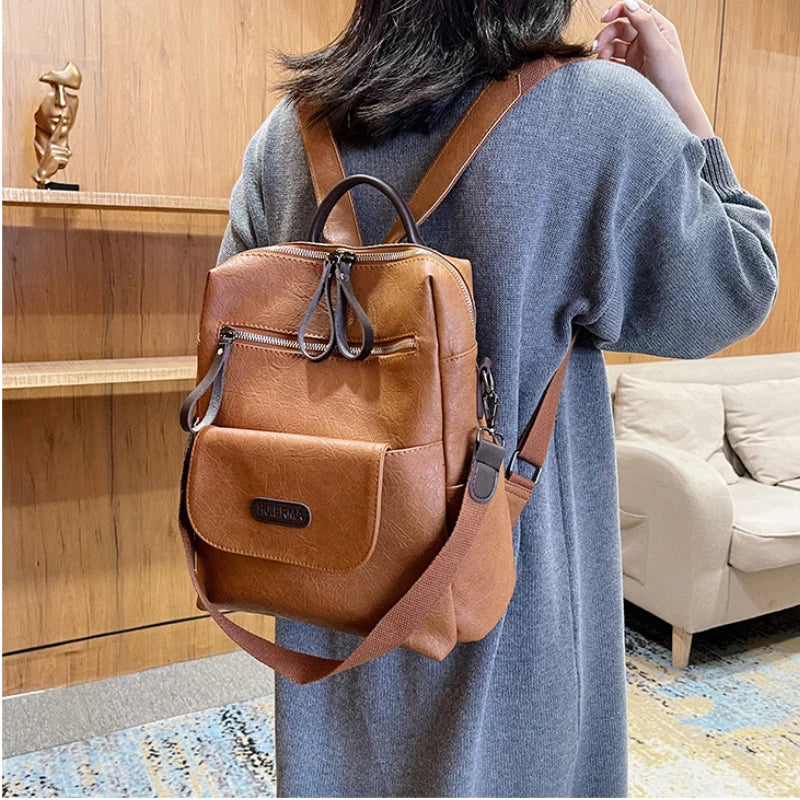 Vintage Large Backpack Pu Leather Rucksack Female Bagpack