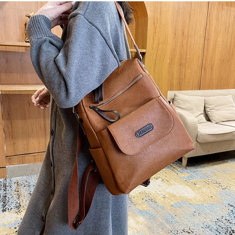 Vintage Large Backpack Pu Leather Rucksack Female Bagpack