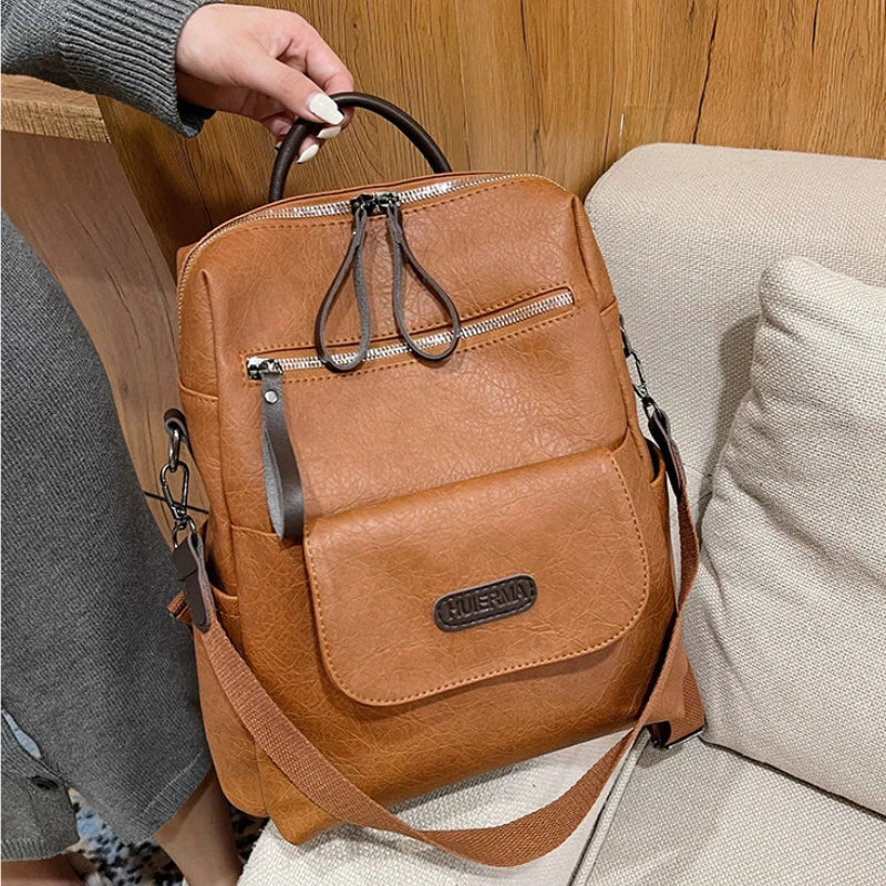 Vintage Large Backpack Pu Leather Rucksack Female Bagpack