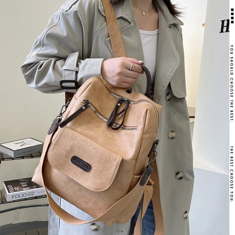 Vintage Large Backpack Pu Leather Rucksack Female Bagpack