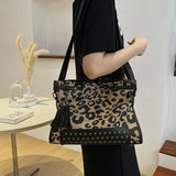Leopard Print Canvas Tote Bag with Rivet Shoulder Strap