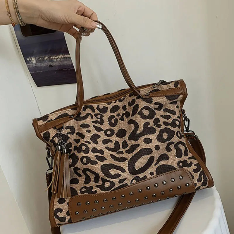 Leopard Print Canvas Tote Bag with Rivet Shoulder Strap