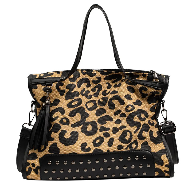 Leopard Print Canvas Tote Bag with Rivet Shoulder Strap