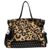 Leopard Print Canvas Tote Bag with Rivet Shoulder Strap