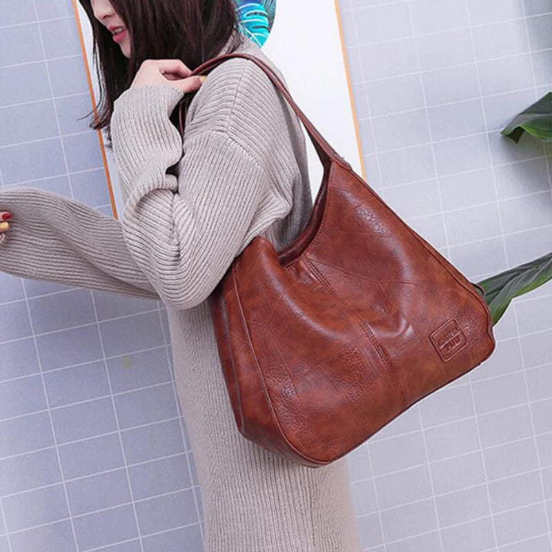 Vintage Large Capacity Handbag Women Soft PU Leather Shoulder Bags