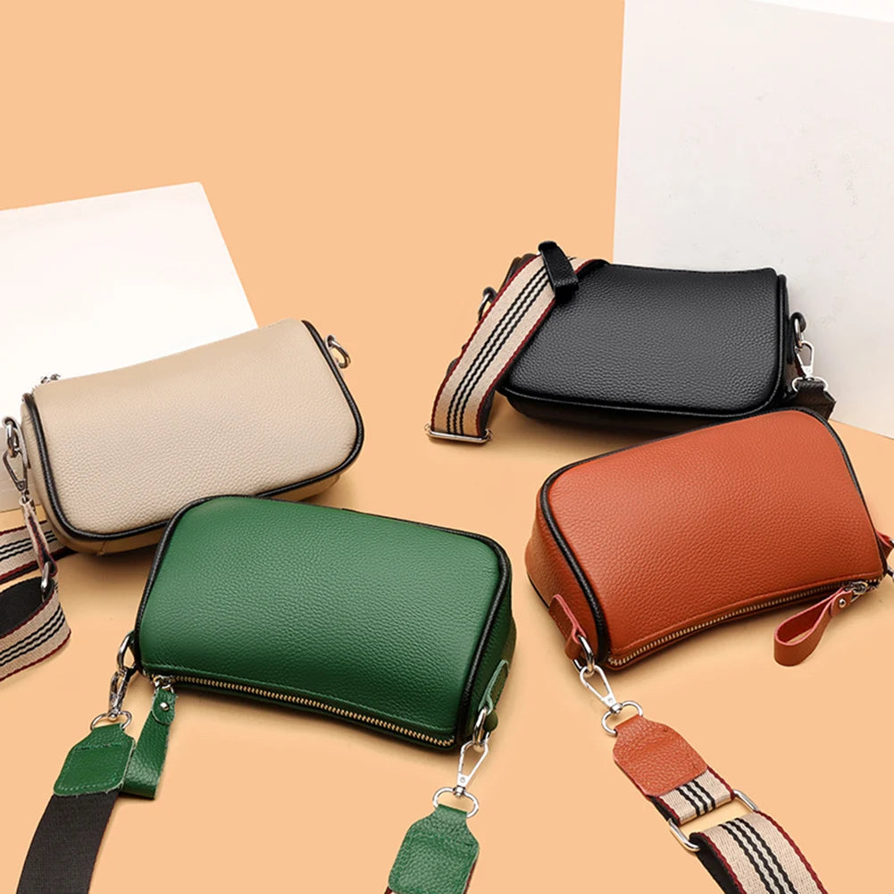 Vintage Leather Crossbody Bags Wide Strap Ladies Solid Handbags Soft Texture