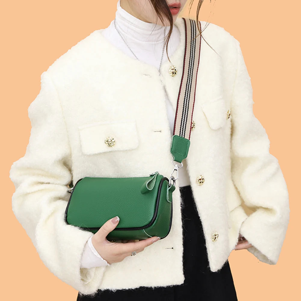 Vintage Leather Crossbody Bags Wide Strap Ladies Solid Handbags Soft Texture