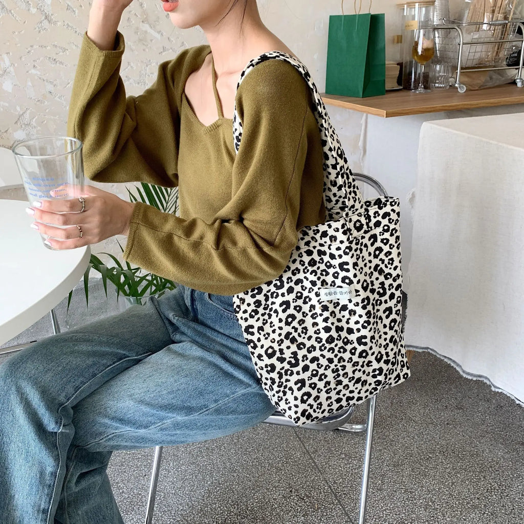 Leopard Canvas Bags Women Casual Shopper Handbags Ladies Shoulder Tote Bag