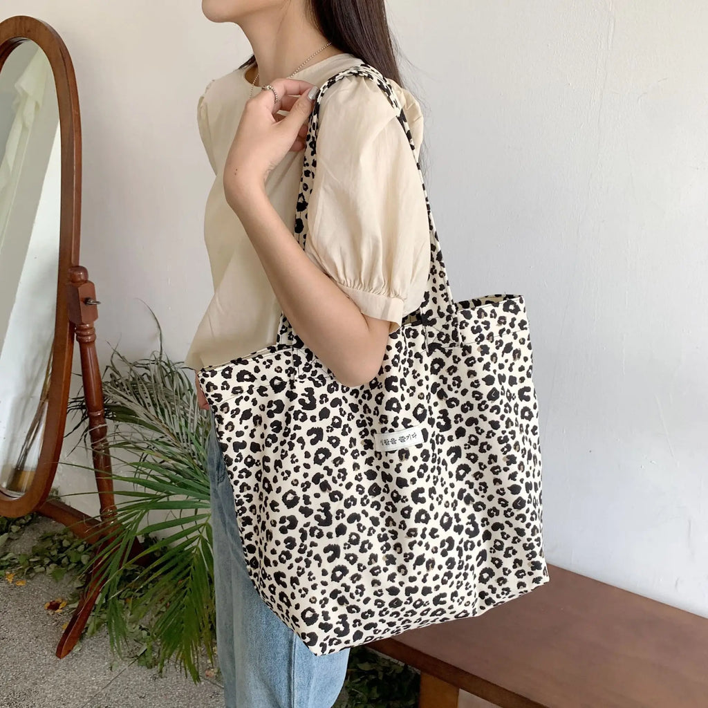 Leopard Canvas Bags Women Casual Shopper Handbags Ladies Shoulder Tote Bag