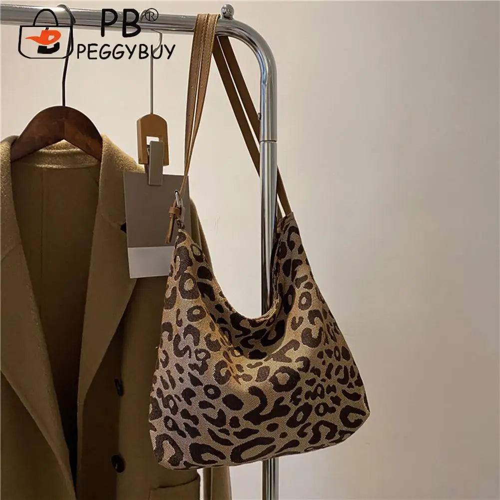 Vintage Leopard Pattern Shoulder Underarm Bag Women Casual Large Capacity Handba