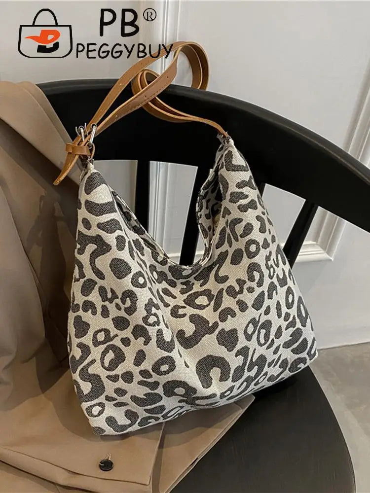 Vintage Leopard Pattern Shoulder Underarm Bag Women Casual Large Capacity Handba