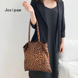 Leopard Print Canvas Shoulder Bag Women Casual Tote Handbag