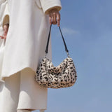 Vintage Leopard Women Plush Hobos Underarm Bag Faux Fur Small Shoulder Ba