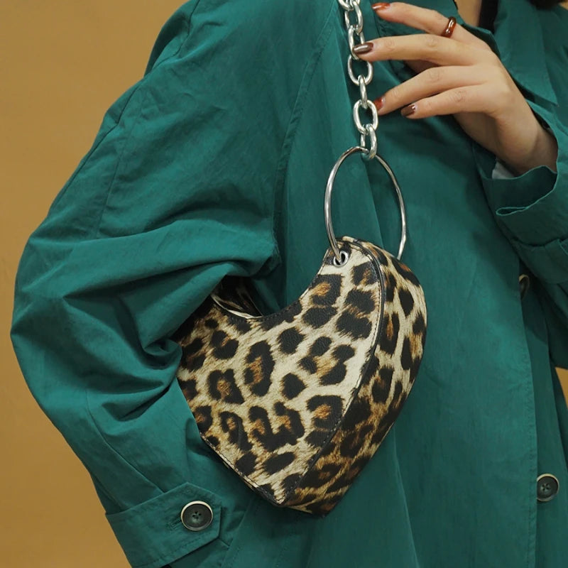 Vintage Leopard Women Shoulder Bag Chain Heart Handbags