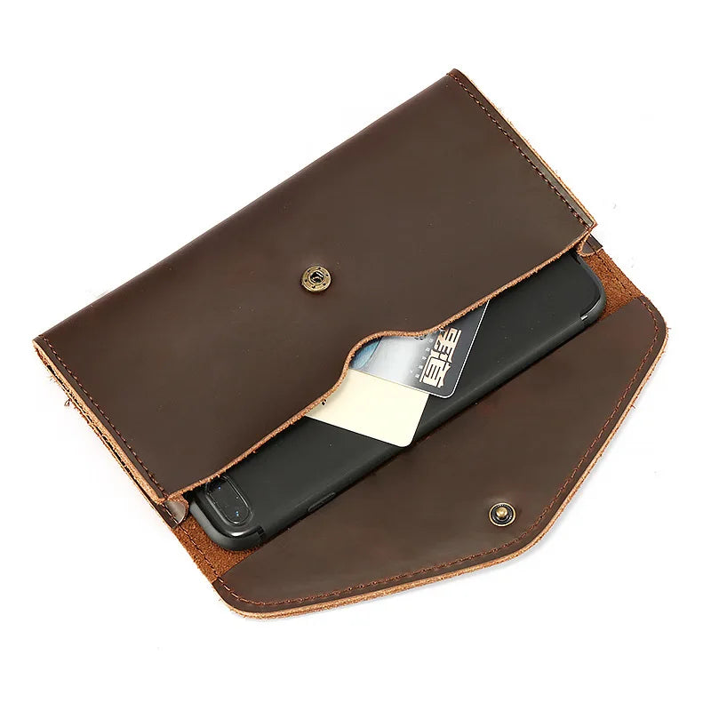 Vintage Long Men's Wallet Cow Leather Phone Purse Money Bag Brown