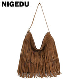 Vintage Long Tassels Crossbody Bag Scrub Leather Shoulder Messenger Handbag