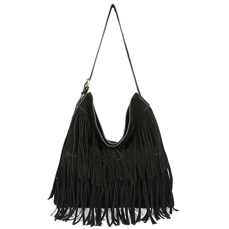 Vintage Long Tassels Crossbody Bag Scrub Leather Shoulder Messenger Handbag