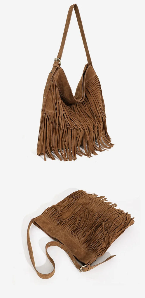 Vintage Long Tassels Crossbody Bag Scrub Leather Shoulder Messenger Handbag