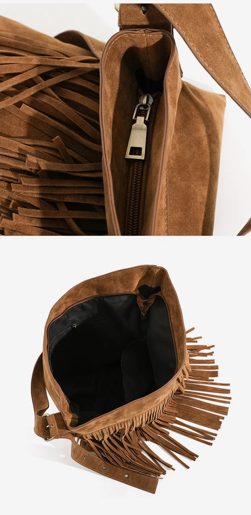 Vintage Long Tassels Crossbody Bag Scrub Leather Shoulder Messenger Handbag