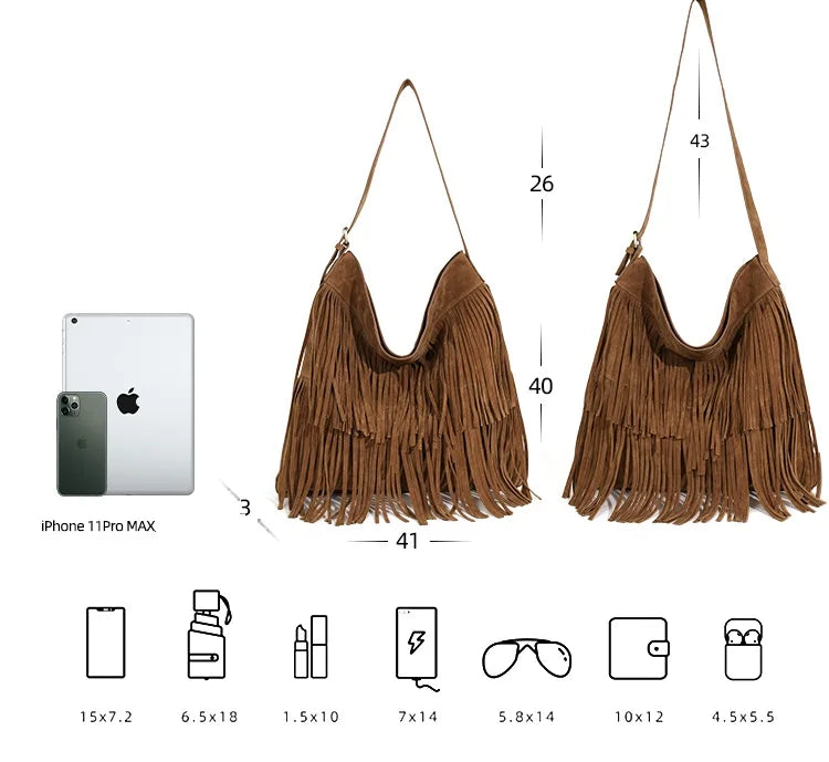 Vintage Long Tassels Crossbody Bag Scrub Leather Shoulder Messenger Handbag