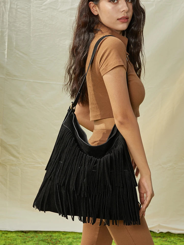 Vintage Long Tassels Crossbody Bag Scrub Leather Shoulder Messenger Handbag