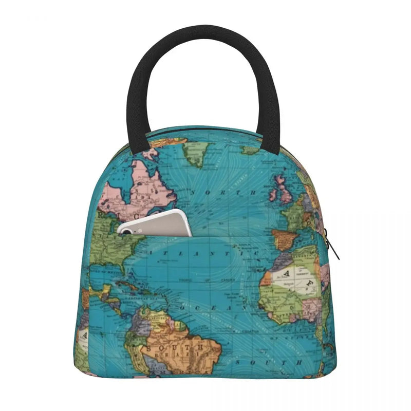 Vintage Map Print Lunch Bag Men World 1897 Travel Lunch Box